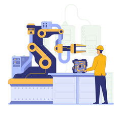 A worker in a yellow hard hat operates a robotic arm in an industrial setting. The robotic arm is handling a circuit board. The background includes machinery and control panels. Vector illustration.