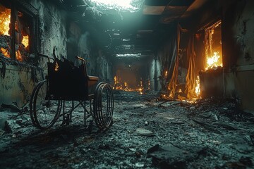 Abandoned wheelchair in a burning, desolate corridor