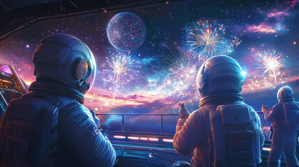 Space-Themed New Year's Eve Countdown on Futuristic Spaceship with Cosmic Fireworks