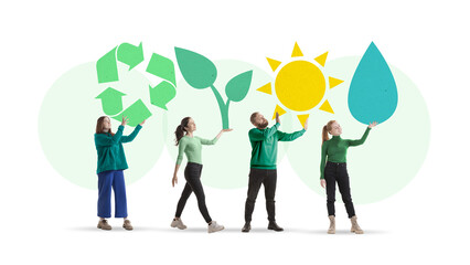 People holding symbols of renewable energy and nature, recycling, water, sun, and plants....