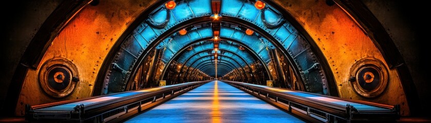 Fototapeta premium Futuristic Tunnel Interior with Illuminated Blue and Orange Design, Creating a Sci-fi Atmosphere Ideal for Technology and Innovation Concepts