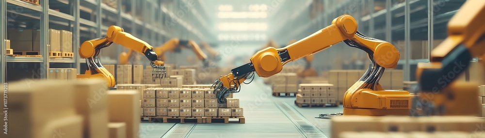 Poster this image showcases advanced robotic arms efficiently working in a modern warehouse, handling packa
