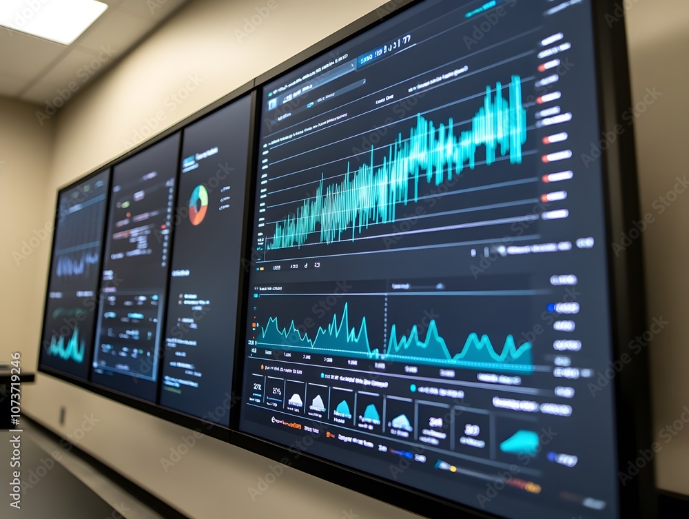 Poster visual display of digital data analytics on multiple screens in a modern office.