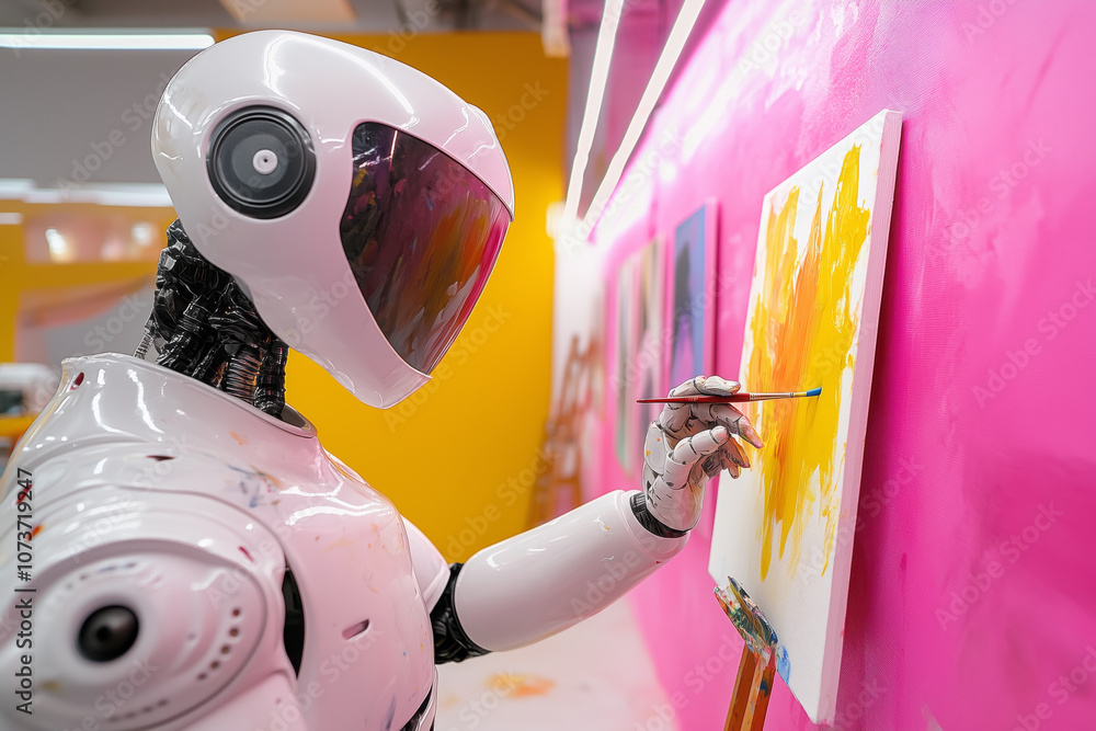 Poster a humanoid robot creating abstract art on a bright pink canvas in an urban studio setting