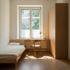 小さなベッドとデスクがあるシンプルな部屋