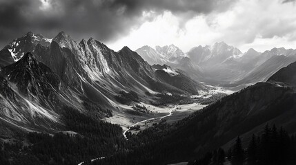 Obraz premium A dramatic black and white landscape photograph of a valley nestled between towering mountains, with a sliver of light shining through the dark clouds.