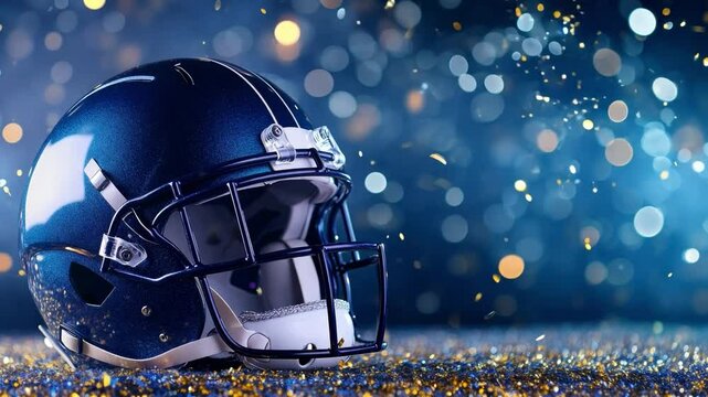 A blue american football helmet sits against a sparkling background with bokeh, reflecting the competitive spirit of championship weekend