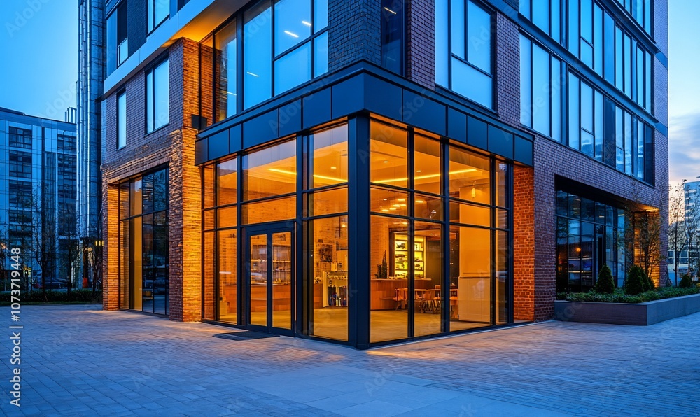 Poster modern building with glass facade and storefront illuminated at dusk.