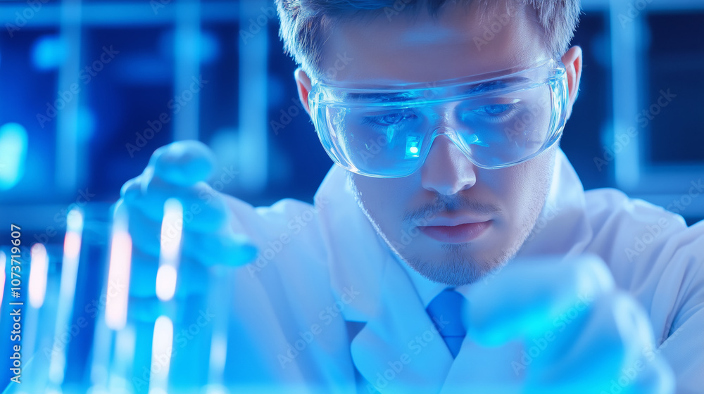 Poster a scientist performs experiments in a laboratory with blue lighting during a late evening session