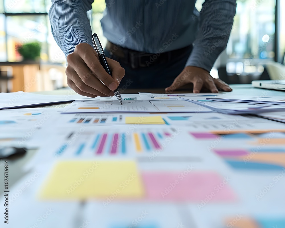Poster a close-up view of a businessman analyzing financial reports with colorful graphs and notes, emphasi