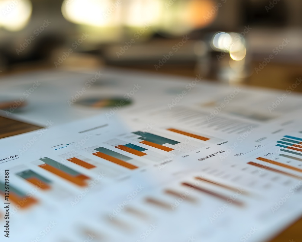 Poster a close-up view of a document featuring colorful graphs and charts, showcasing data analysis and bus