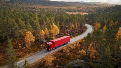 Fototapeta premium Autumn logistics and transportation. Red semi truck driving through fall forest.