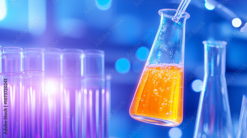 Poster colorful lab experiment with liquid in flasks and clear test tubes on a bright backdrop