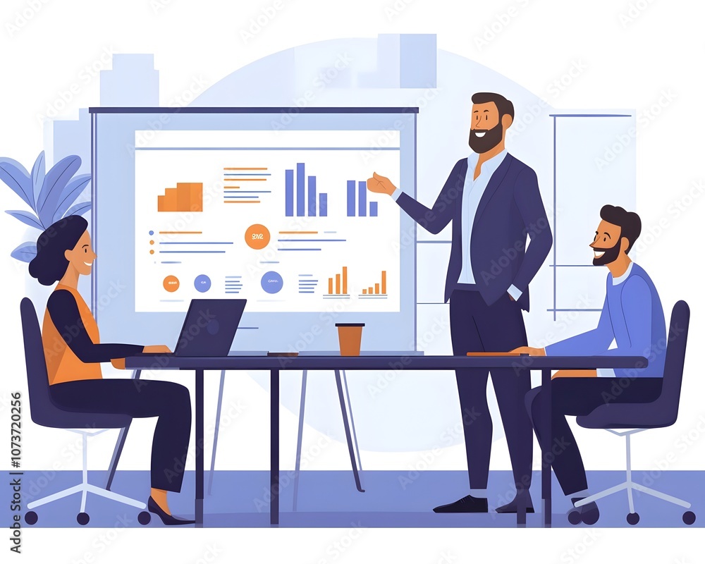Poster a diverse team engaged in a productive business meeting, analyzing presentation data on a screen whi