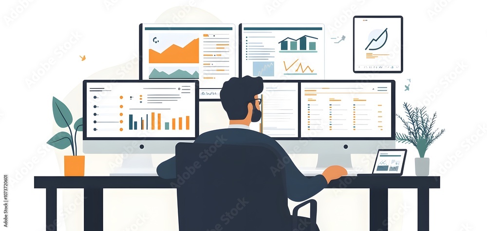 Poster A focused professional analyzing data on multiple screens. The workspace is modern and equipped with various tech tools, with charts and graphs visually displaying key statistics.