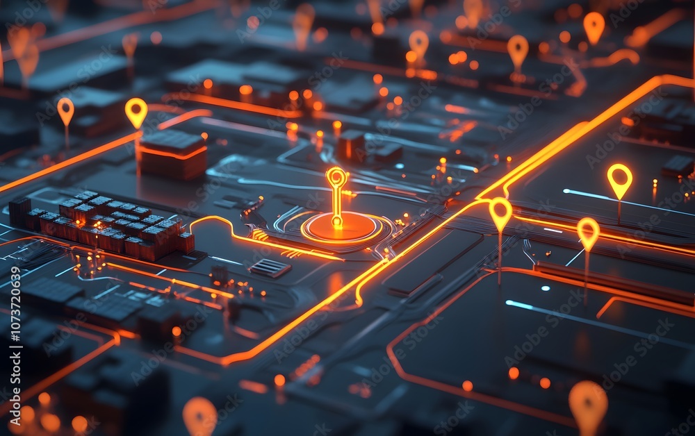 Aufkleber a futuristic digital map featuring glowing orange location pins and extensive network lines, showcas