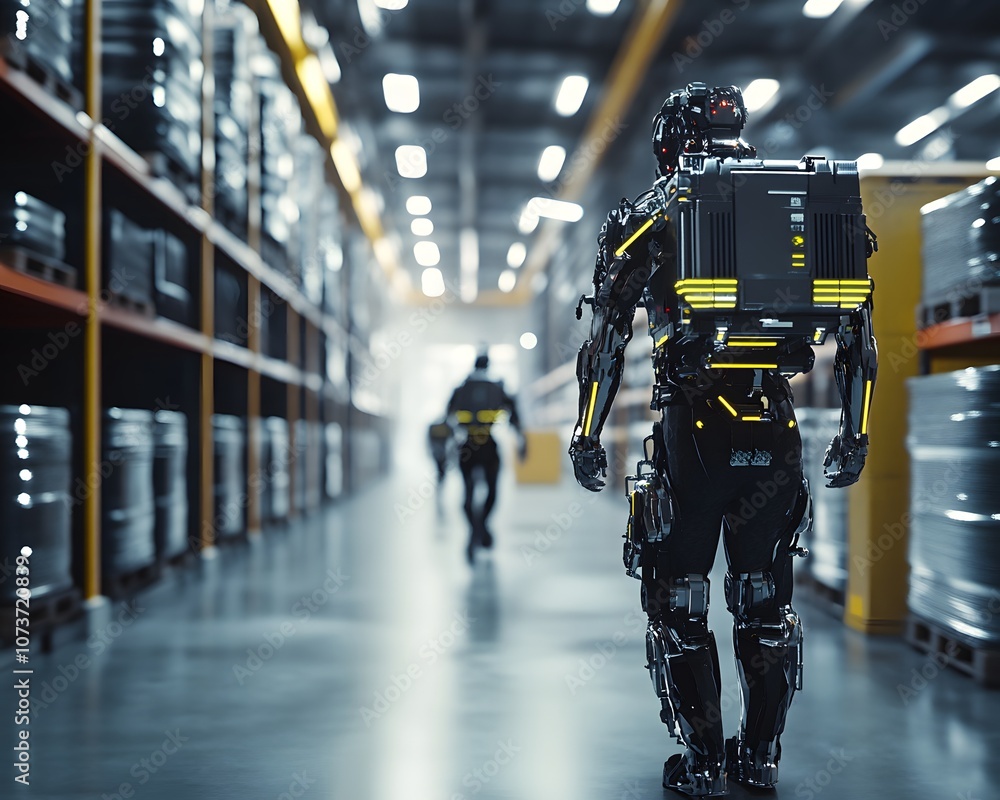 Poster a futuristic warehouse scene featuring advanced humanoid robots efficiently navigating a highly orga