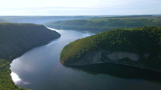Aerial drone footage of green hills on the Parana River, Teju Cuare Park, Argentina