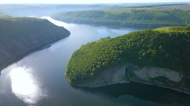 Aerial drone footage of green hills on the Parana River, Teju Cuare Park, Argentina