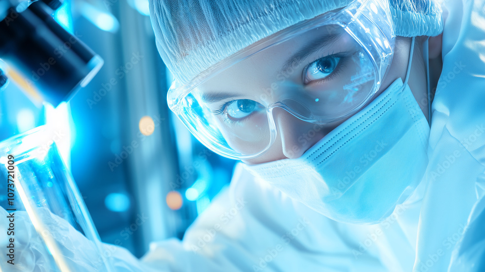 Poster scientist conducting research in a laboratory while observing samples under a microscope