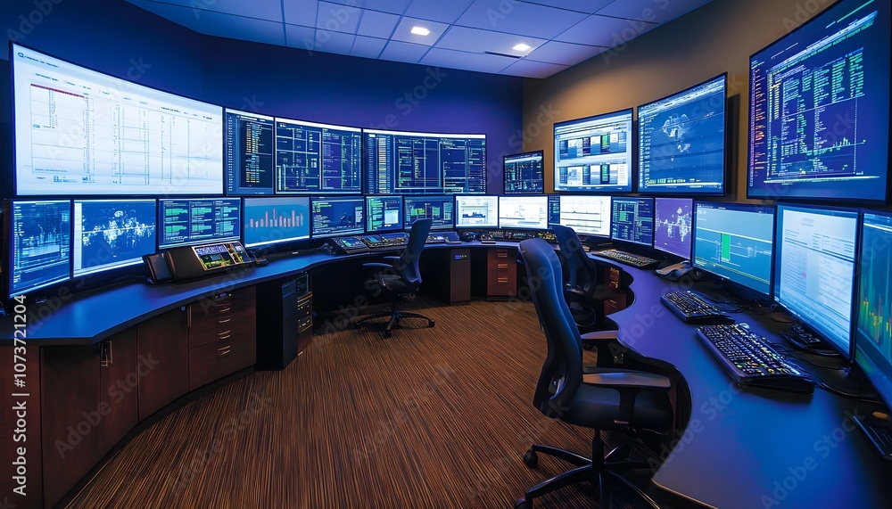Poster a modern control room equipped with multiple high-resolution monitors displaying data and analytics.