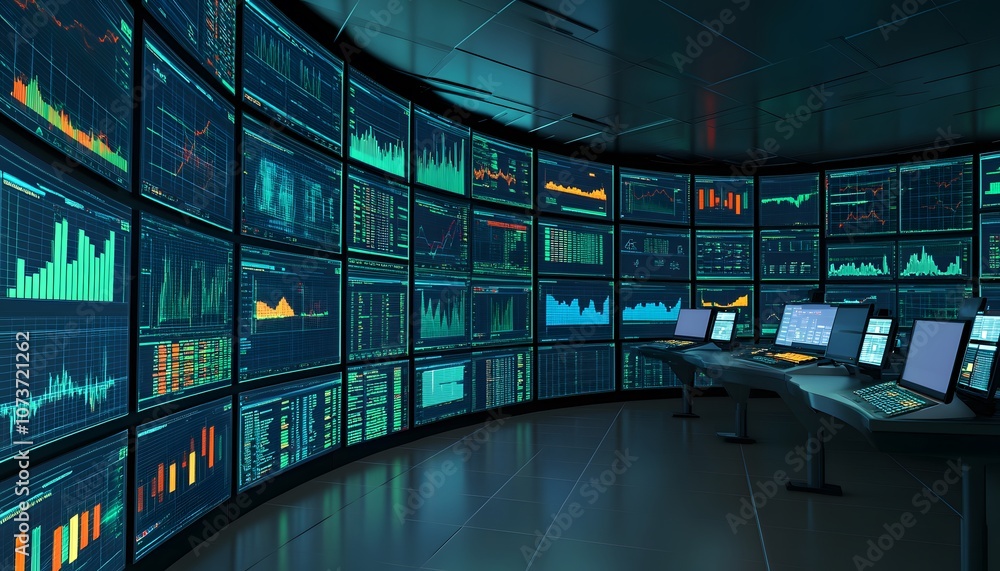 Poster a modern control room filled with large monitors displaying real-time data, graphs, and financial st