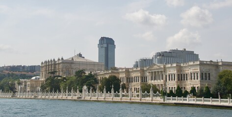 Landscape of buildings including palace along Bosporus Strait in Istanbul, Turkey