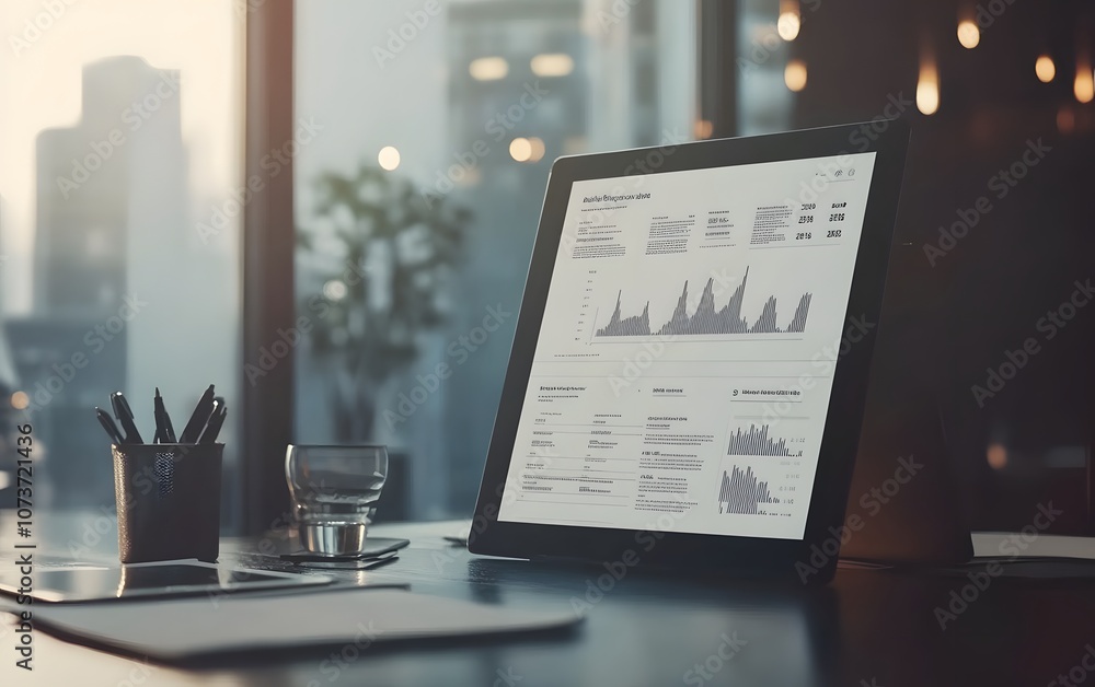 Poster a modern office workspace featuring a tablet displaying detailed financial graphs and data. natural 
