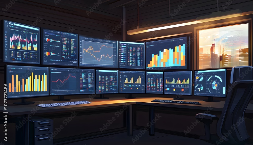 Poster a modern trading desk equipped with multiple screens displaying stock market data, trading graphs, a