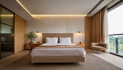 Fototapeta premium Hotel bedroom interior with bed and decoration, window. Mockup wall
