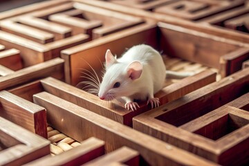 Obraz premium A curious white lab mouse exploring a wooden maze, showcasing delicate details and soft lighting. Ideal for scientific, educational, or conceptual visuals.