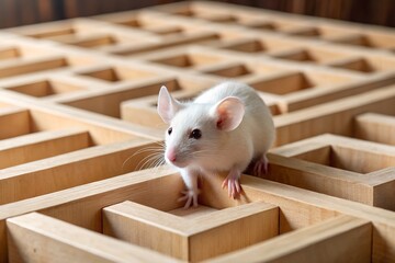 Obraz premium A curious white mouse exploring a wooden maze, showcasing intricate wooden designs and natural lighting. Perfect for science, nature, or experimental themes.
