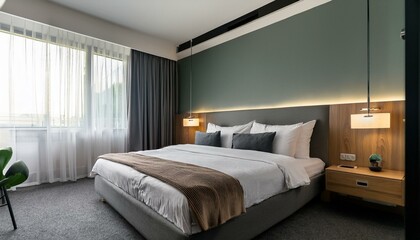Hotel bedroom interior with bed and decoration, window. Mockup wall