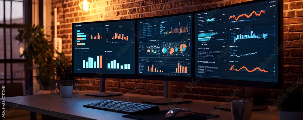 Poster A modern workspace featuring multiple screens displaying data analytics and graphics.