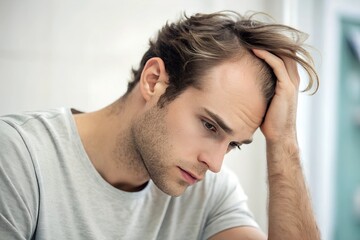 A young man looking distressed, running his hand through thinning hair. A realistic representation of hair loss struggles, male pattern baldness, or personal stress.