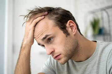 A portrait of a young man looking worried, his hand resting on his head, reflecting stress, frustration, or health concerns in a bright, indoor setting.