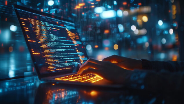 Dedicated programmer engaging in software development with java script code on laptop screen, embracing iot and digital technology innovations
