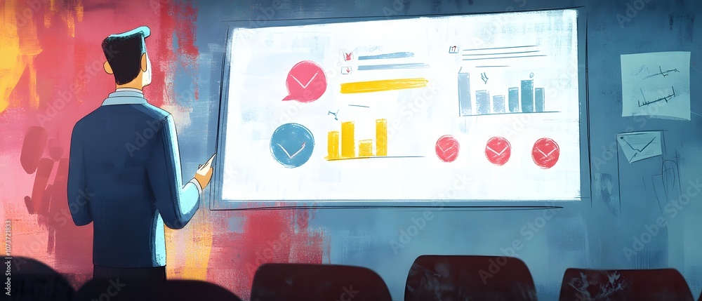 Poster a professional examining data analytics on a large screen in a modern office setting