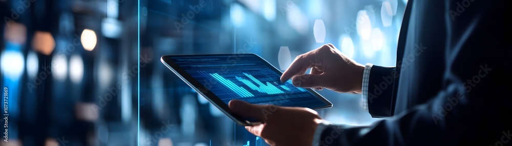 Poster a professional using a tablet to analyze data in a modern office setting. the image captures the ess