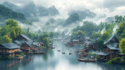 Fototapeta premium Misty morning view of a small village nestled in a valley with traditional wooden houses and boats on the river.