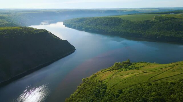 Aerial drone footage of green hills on the Parana River, Teju Cuare Park, Argentina