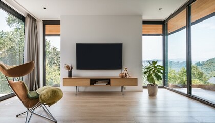 Fototapeta premium Living room interior armchair and tv screen with panoramic window, mockup frame