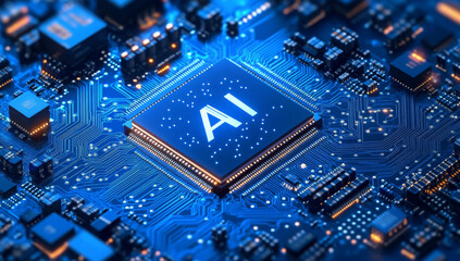 Fototapeta premium powerful computer processor microchip with the word representing artificial intelligence, AI technology 