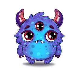 An intricate art drawing depicting a blue monster with purple horns