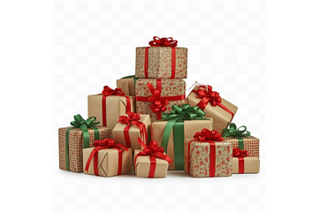 Obraz premium Pile of variously wrapped Christmas gifts with red and green ribbons on a white background.