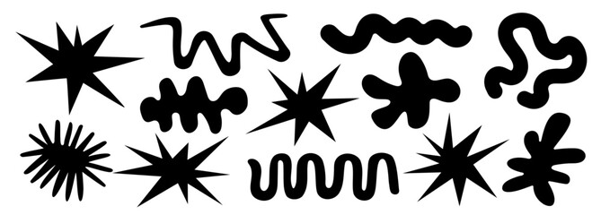 Collage of abstract figures and shapes. Geometric elements. Fluid textures. stickers in retro and vintage 90s style. 2000s. Collection and set. Doodle. Hand drawn. Groovy. Liquid vector. Grunge effect