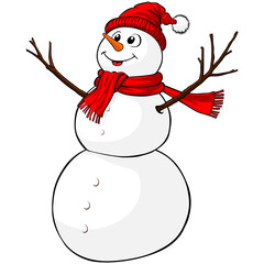 Vintage Snowball smiling Snowman. Snowman with carrot nose, scarf and hat on the white background illustration graphic design