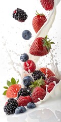 Mix aus frischen Beeren im Milch-Splash &ndash; Dynamische Aufnahme voller Farben
