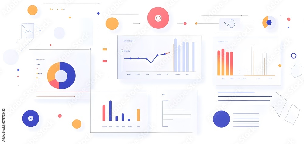 Poster abstract data visualization with graphs, charts, and colorful elements on a light background.