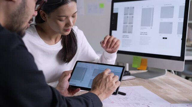 UX UI designer testing prototype on a tablet, discussing and brainstorming on wireframes for a website and mobile app prototype, in the concept of website and mobile application design concept.